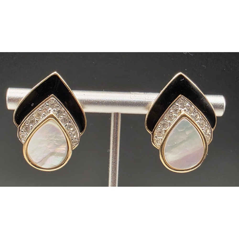 VTG Panetta Pierced Earrings Gold Tone Mother of Pearl Black Enamel Rhinestone